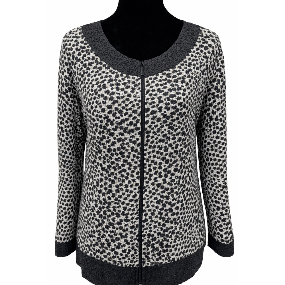 Chico's Travelers Womens Boucle Zipper Front Cardigan Size 2‎ Black Animal Print